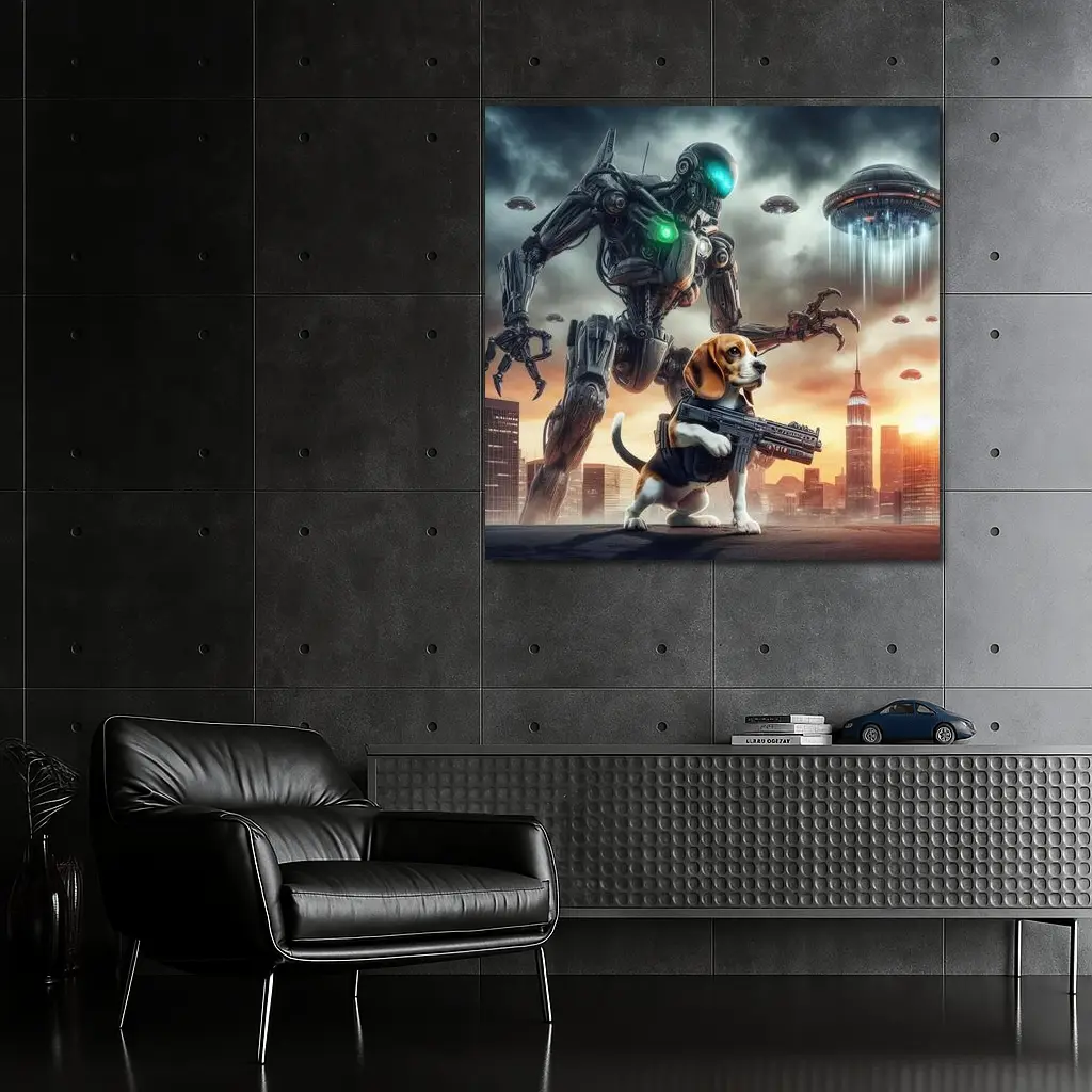 Beagle Dog Robot Invasion Futuristic City – Wall Art