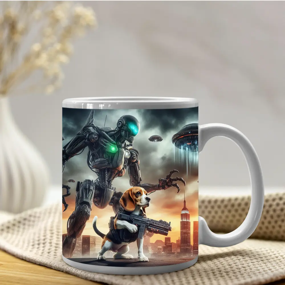 Beagle Dog Robot Invasion Futuristic City – Mugs