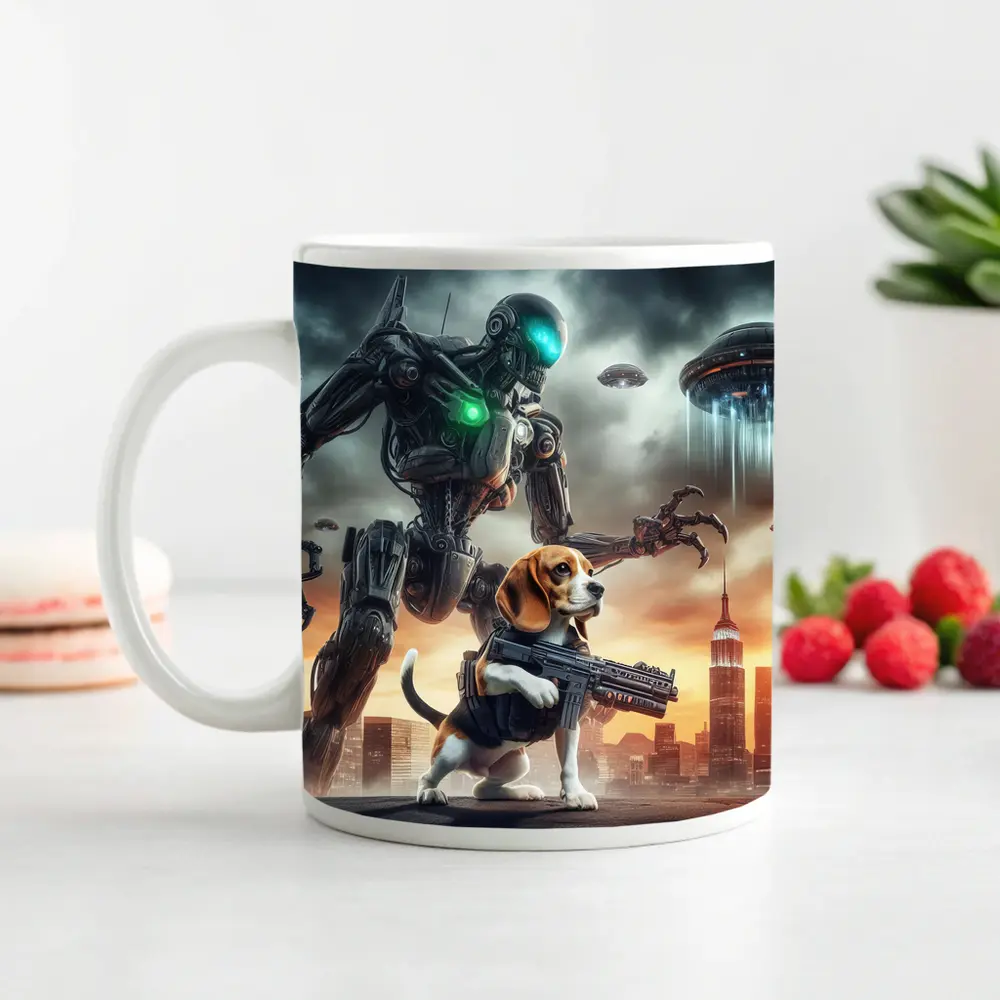 Beagle Dog Robot Invasion Futuristic City – Mugs