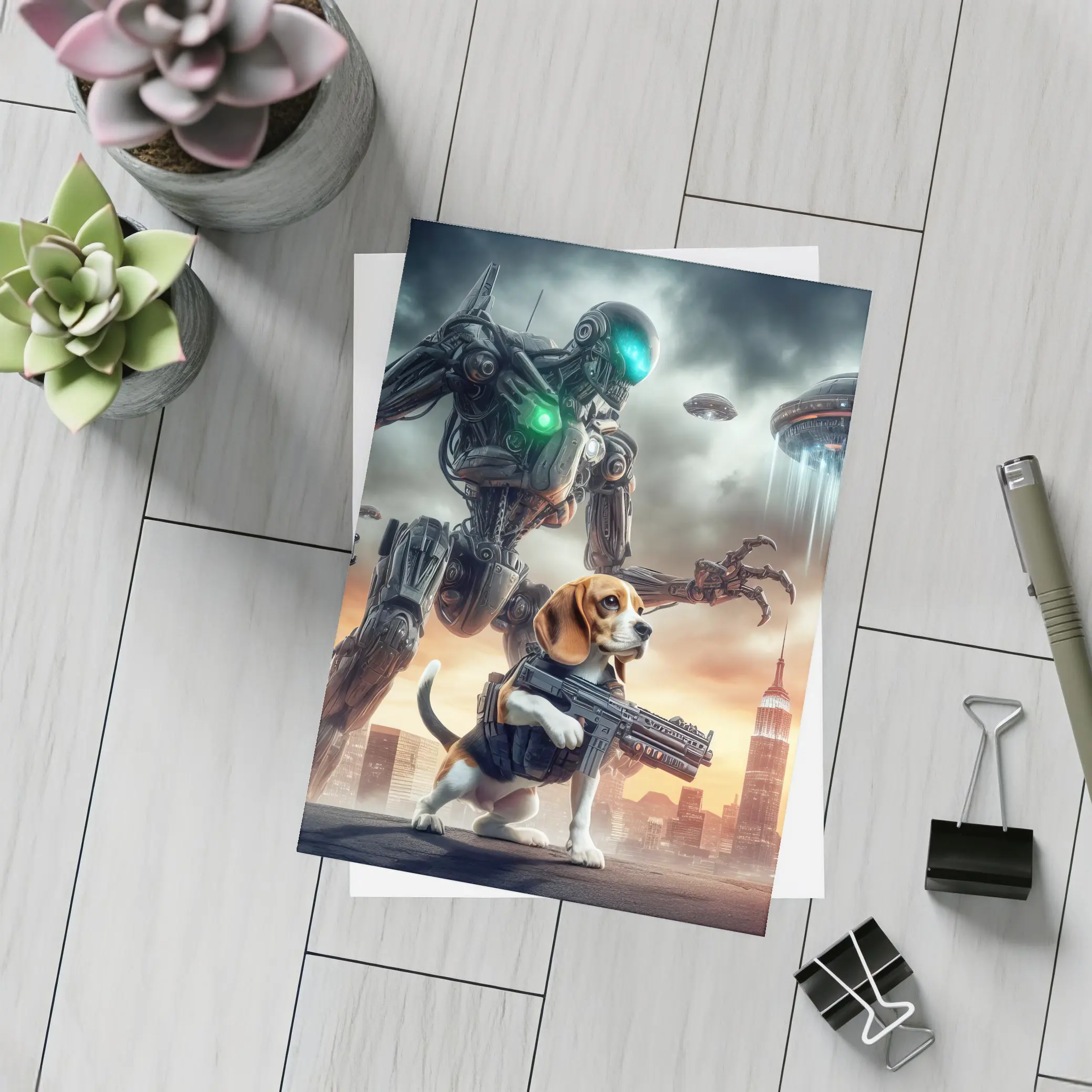 Beagle Dog Robot Invasion Futuristic City – Postcards
