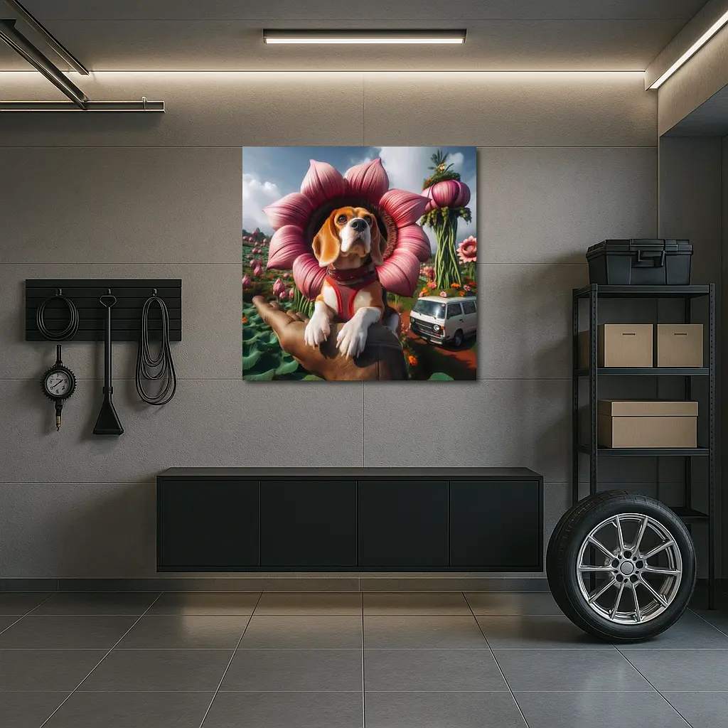 Beagle Dog Wearing Pink Flower Collar – Wall Art