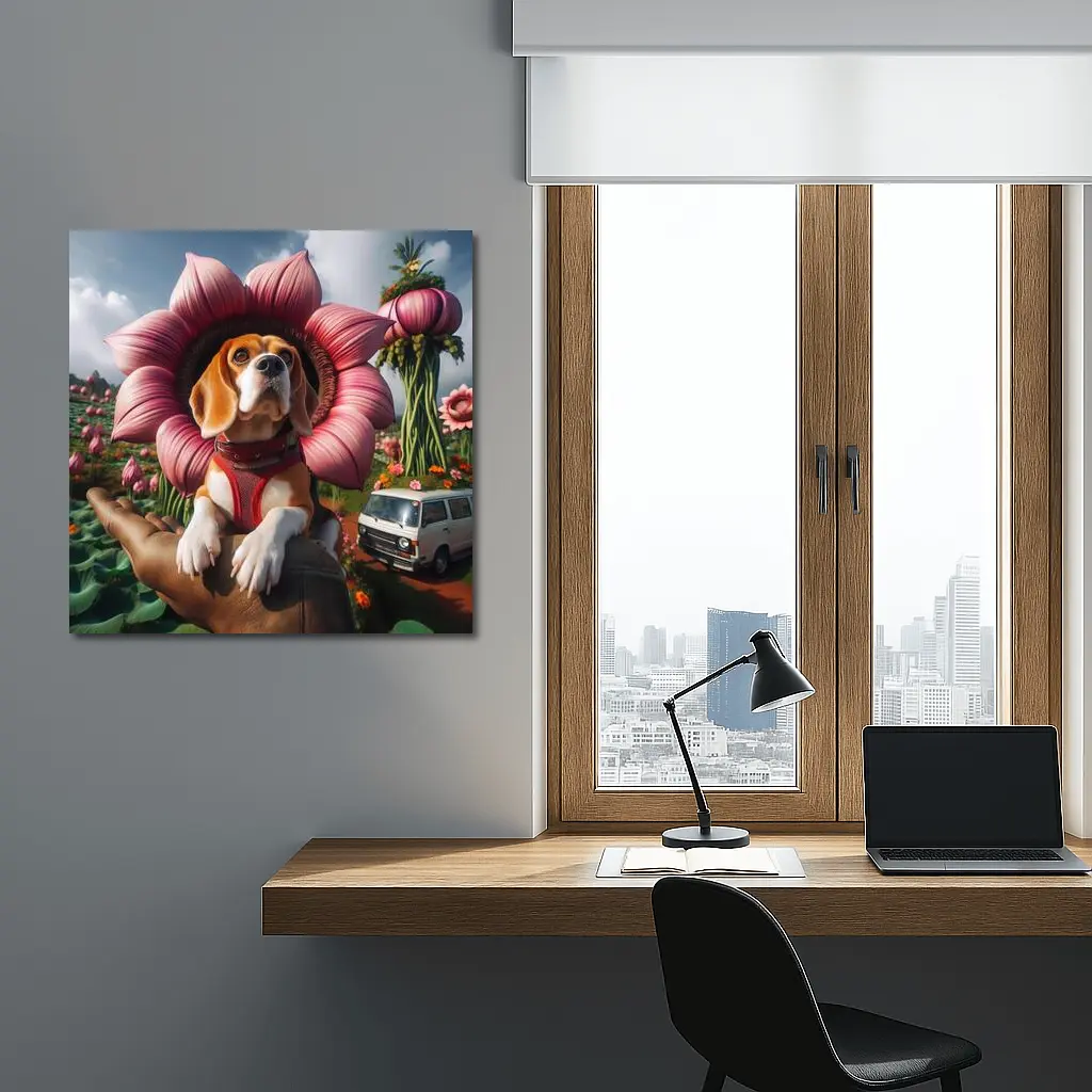 Beagle Dog Wearing Pink Flower Collar – Wall Art