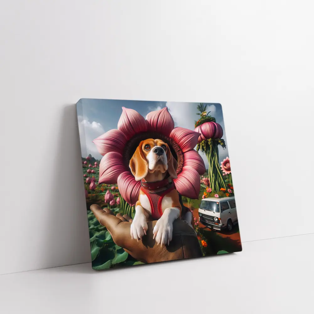 Beagle Dog Wearing Pink Flower Collar – Wall Art