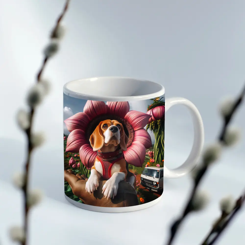 Beagle Dog Wearing Pink Flower Collar – Mugs