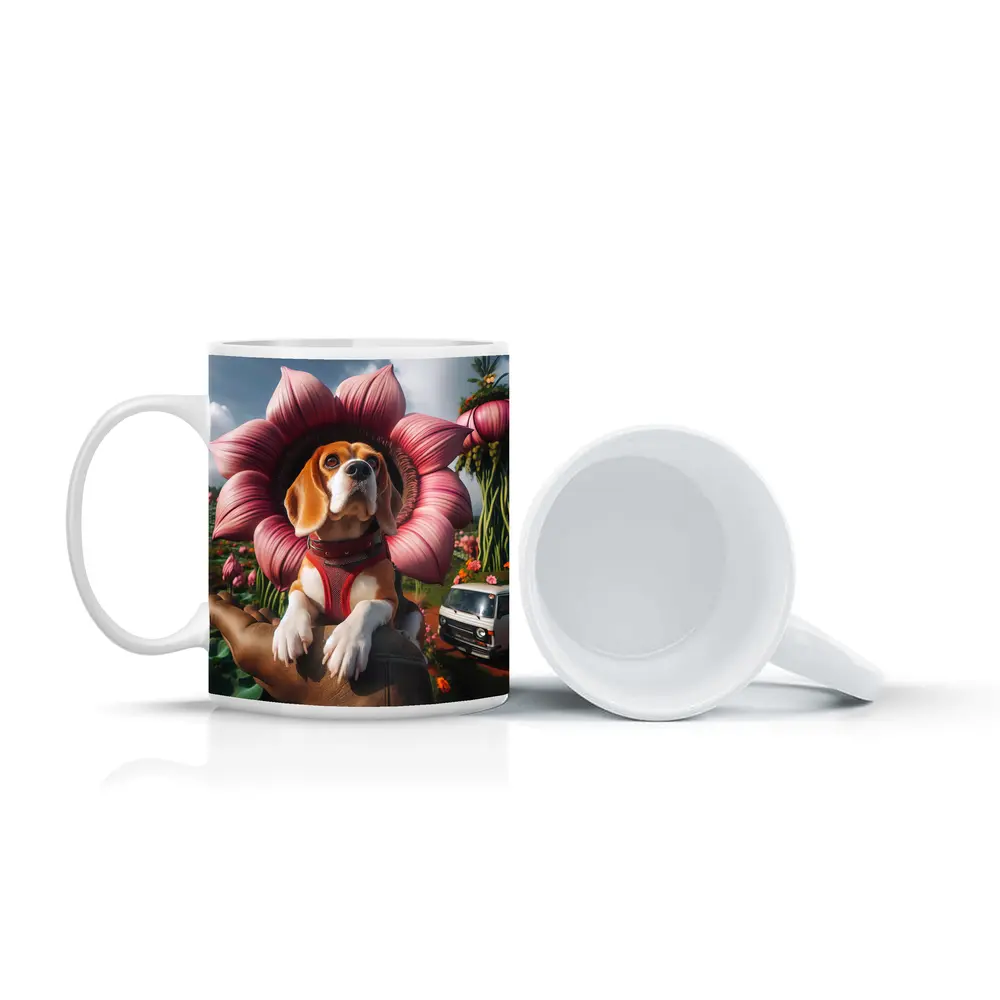 Beagle Dog Wearing Pink Flower Collar – Mugs
