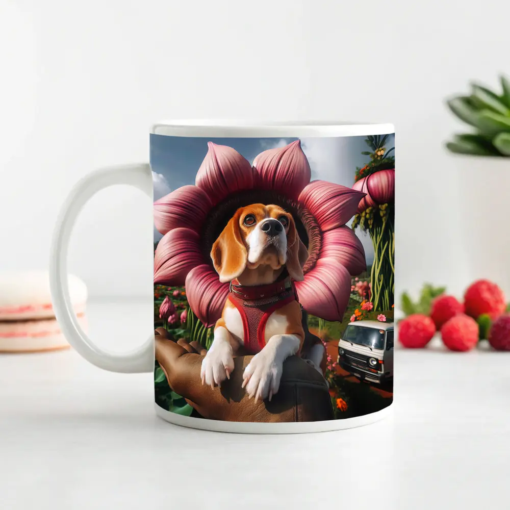 Beagle Dog Wearing Pink Flower Collar – Mugs