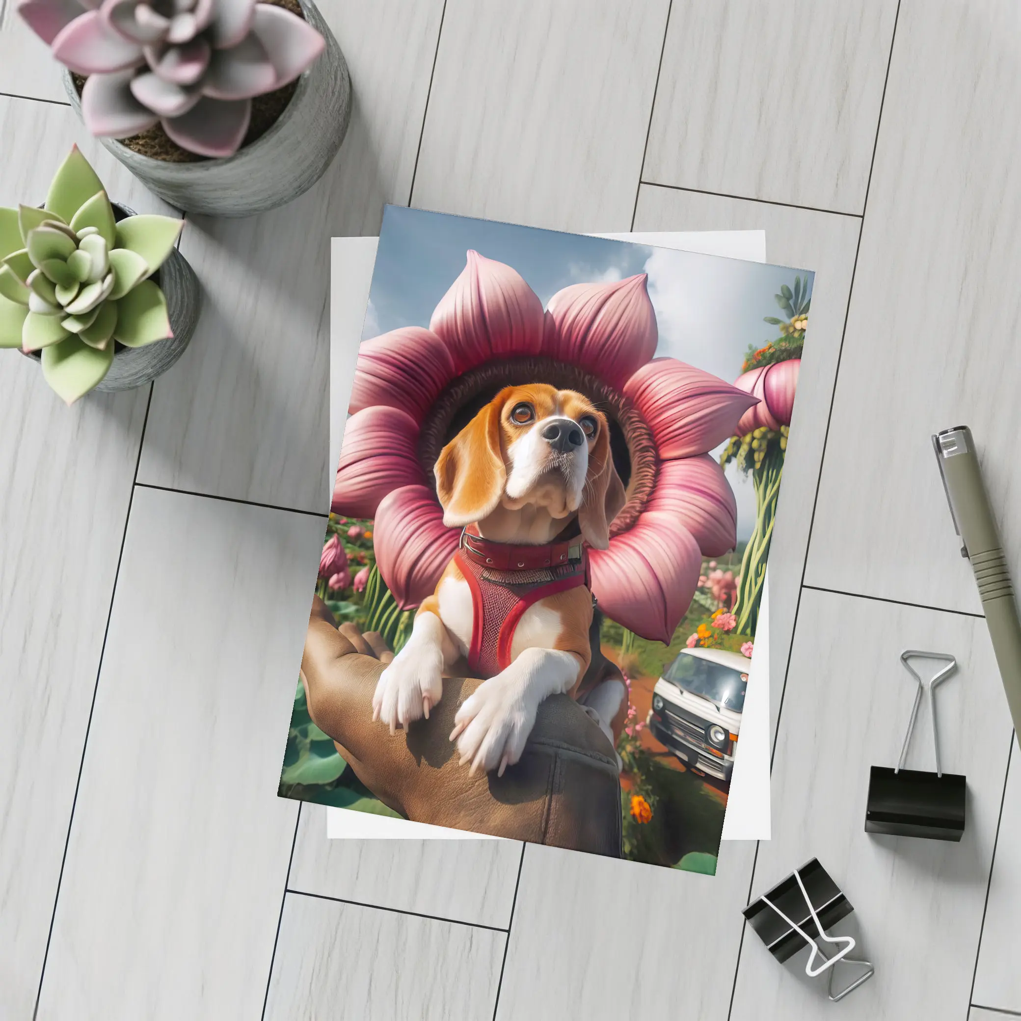 Beagle Dog Wearing Pink Flower Collar – Postcards