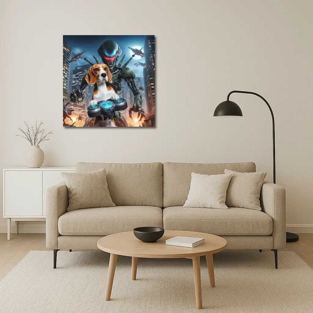 Beagle Dog Gaming Alien City Night Scene – Wall Art