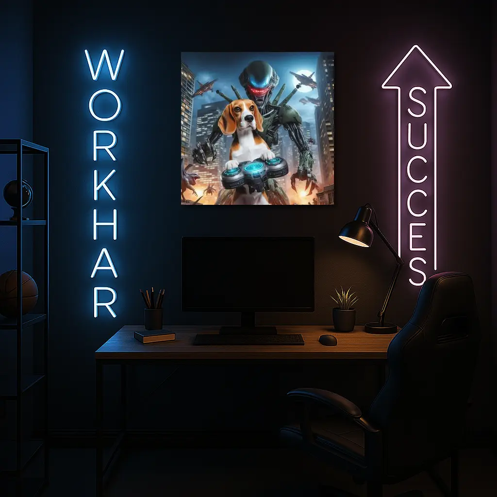 Beagle Dog Gaming Alien City Night Scene – Wall Art