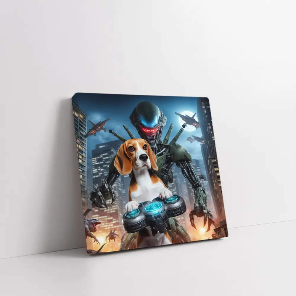 Beagle Dog Gaming Alien City Night Scene – Wall Art