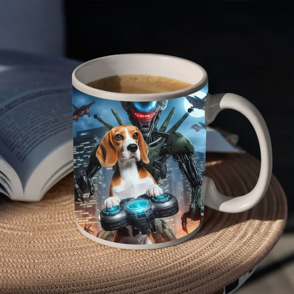 Beagle Dog Gaming Alien City Night Scene – Mugs