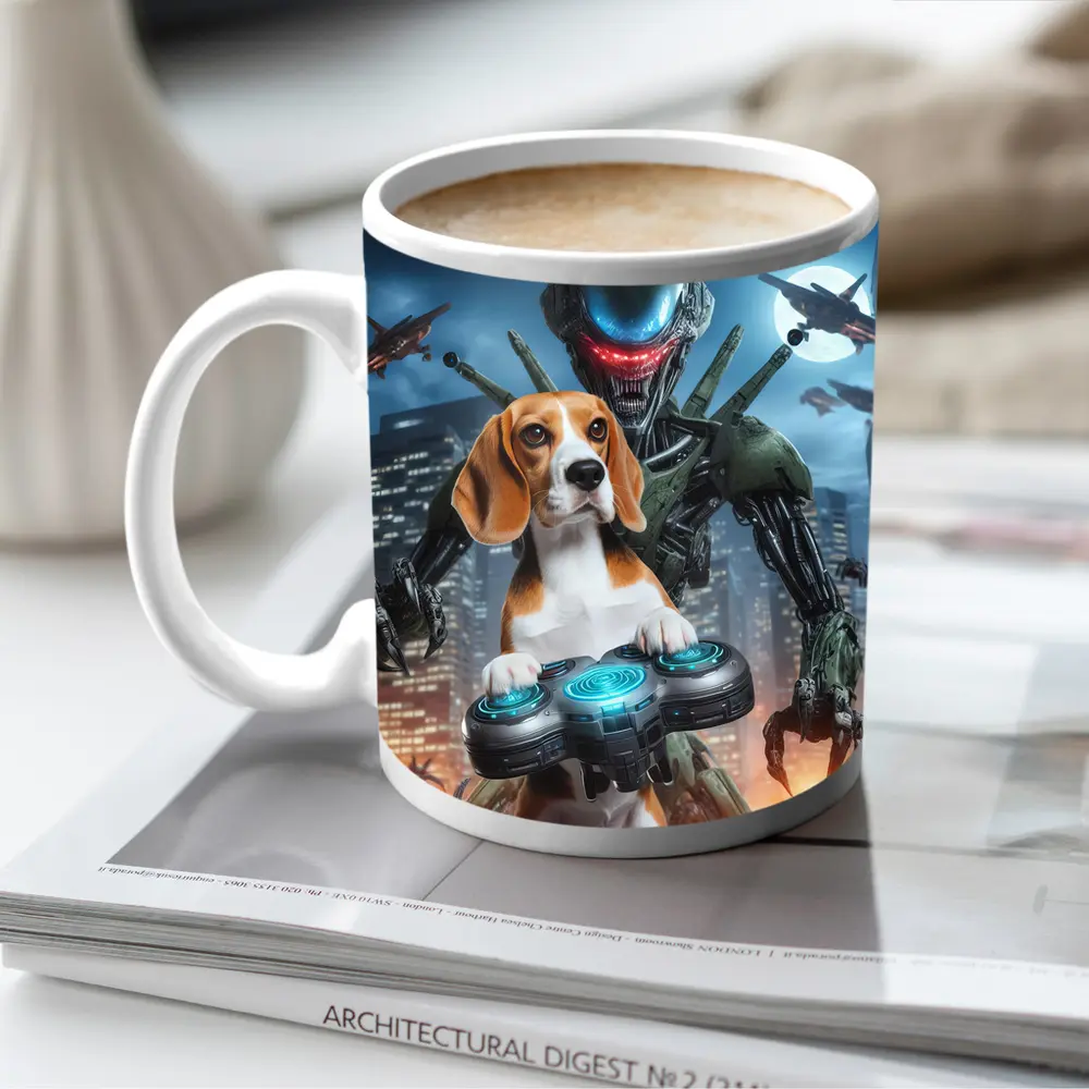 Beagle Dog Gaming Alien City Night Scene – Mugs