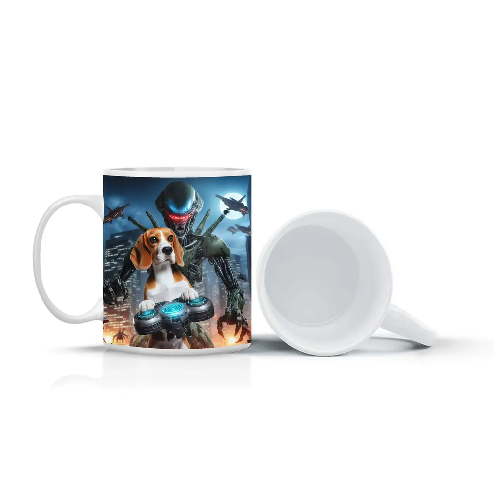 Beagle Dog Gaming Alien City Night Scene – Mugs
