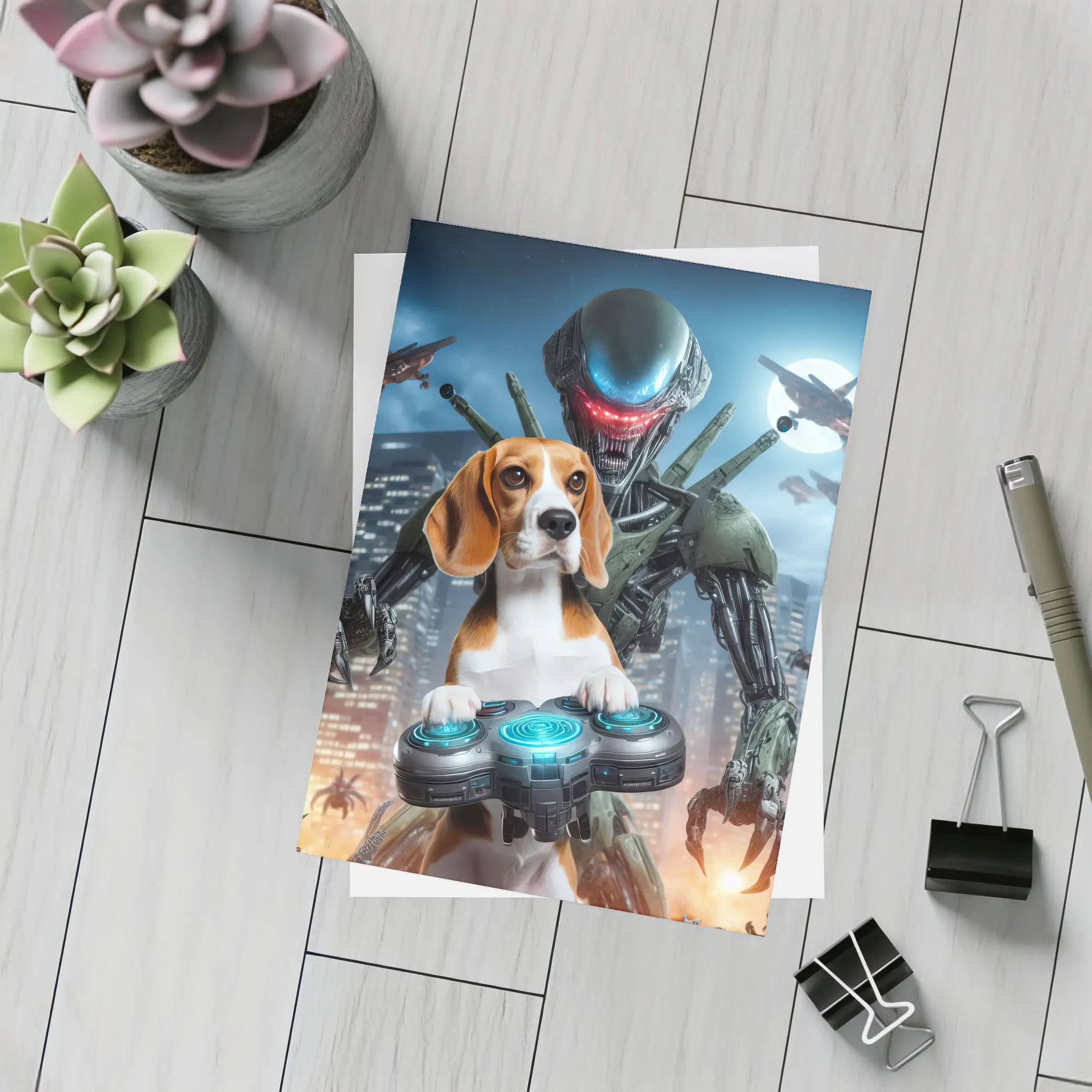 Beagle Dog Gaming Alien City Night Scene – Postcards