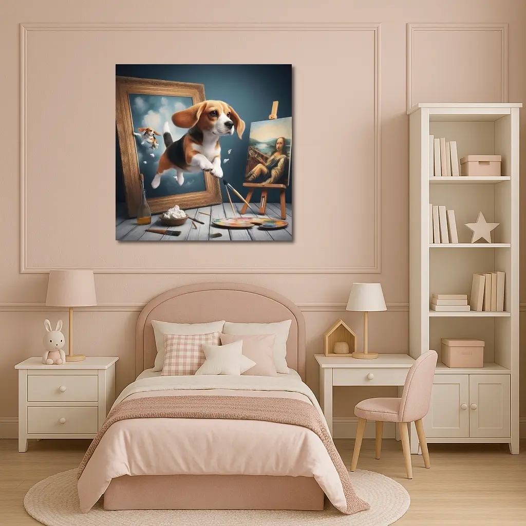 Beagle Puppy Jumping Out of Painting Frame – Wall Art