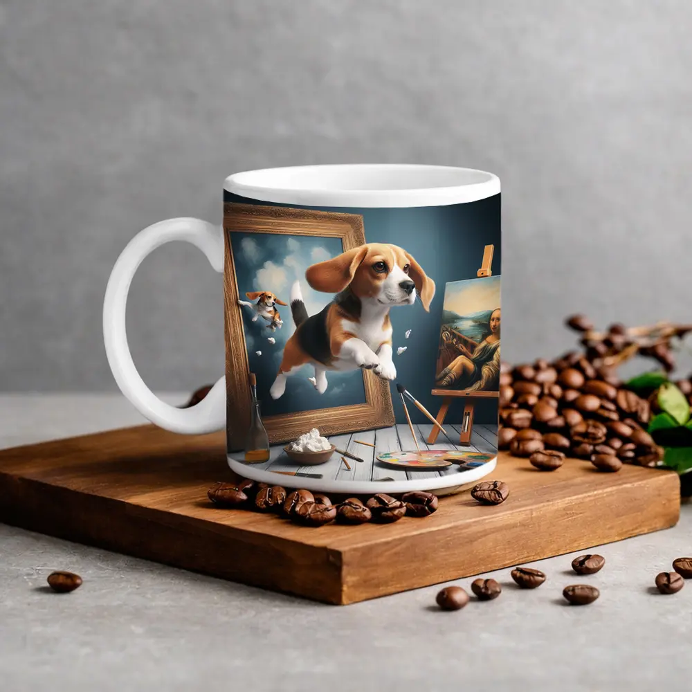 Beagle Puppy Jumping Out of Painting Frame – Mugs