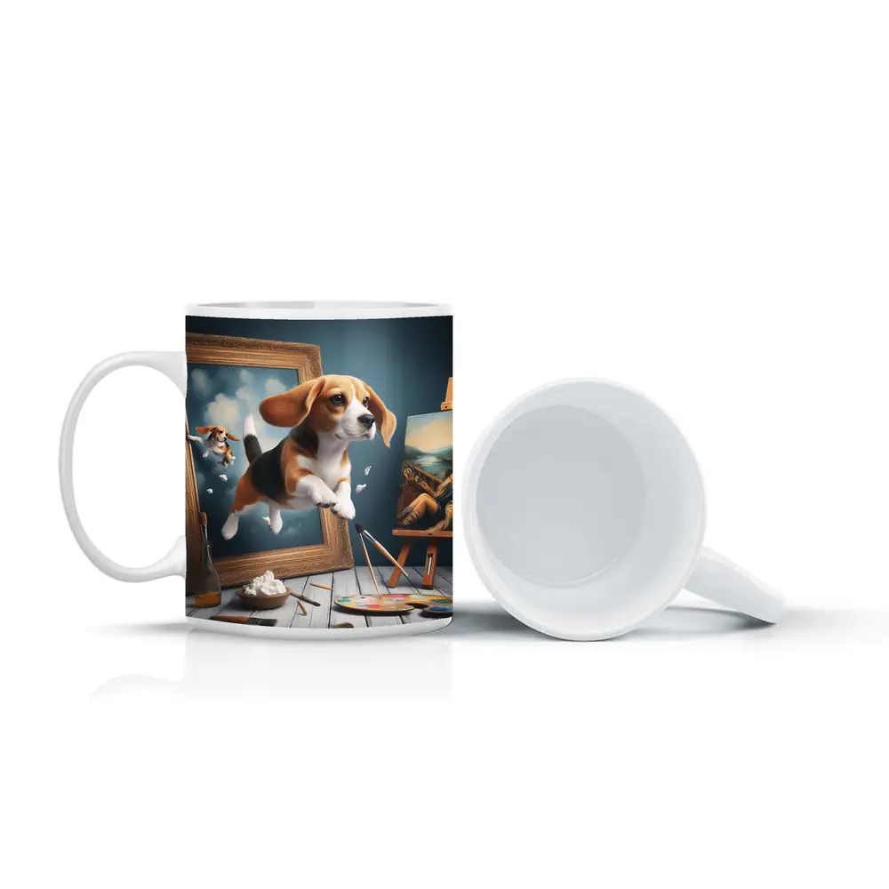 Beagle Puppy Jumping Out of Painting Frame – Mugs