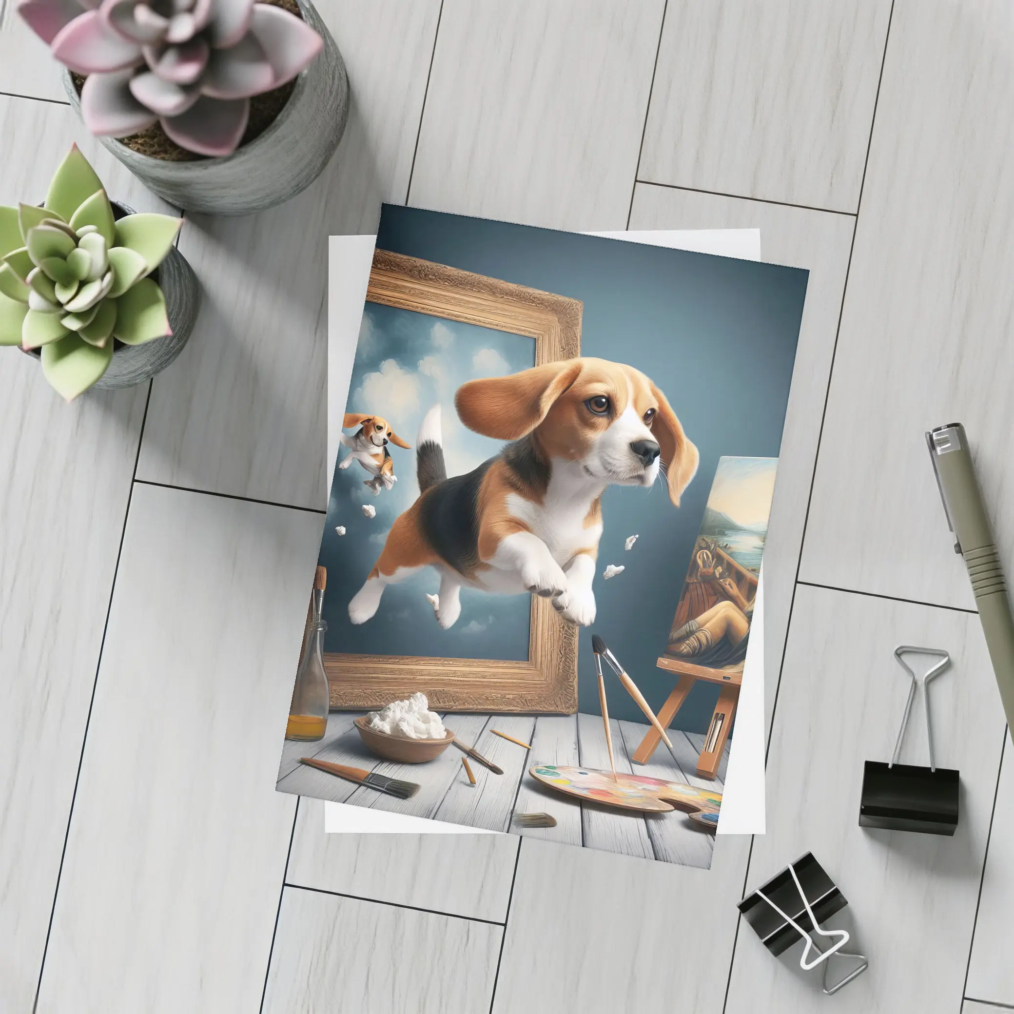 Beagle Puppy Jumping Out of Painting Frame – Postcards