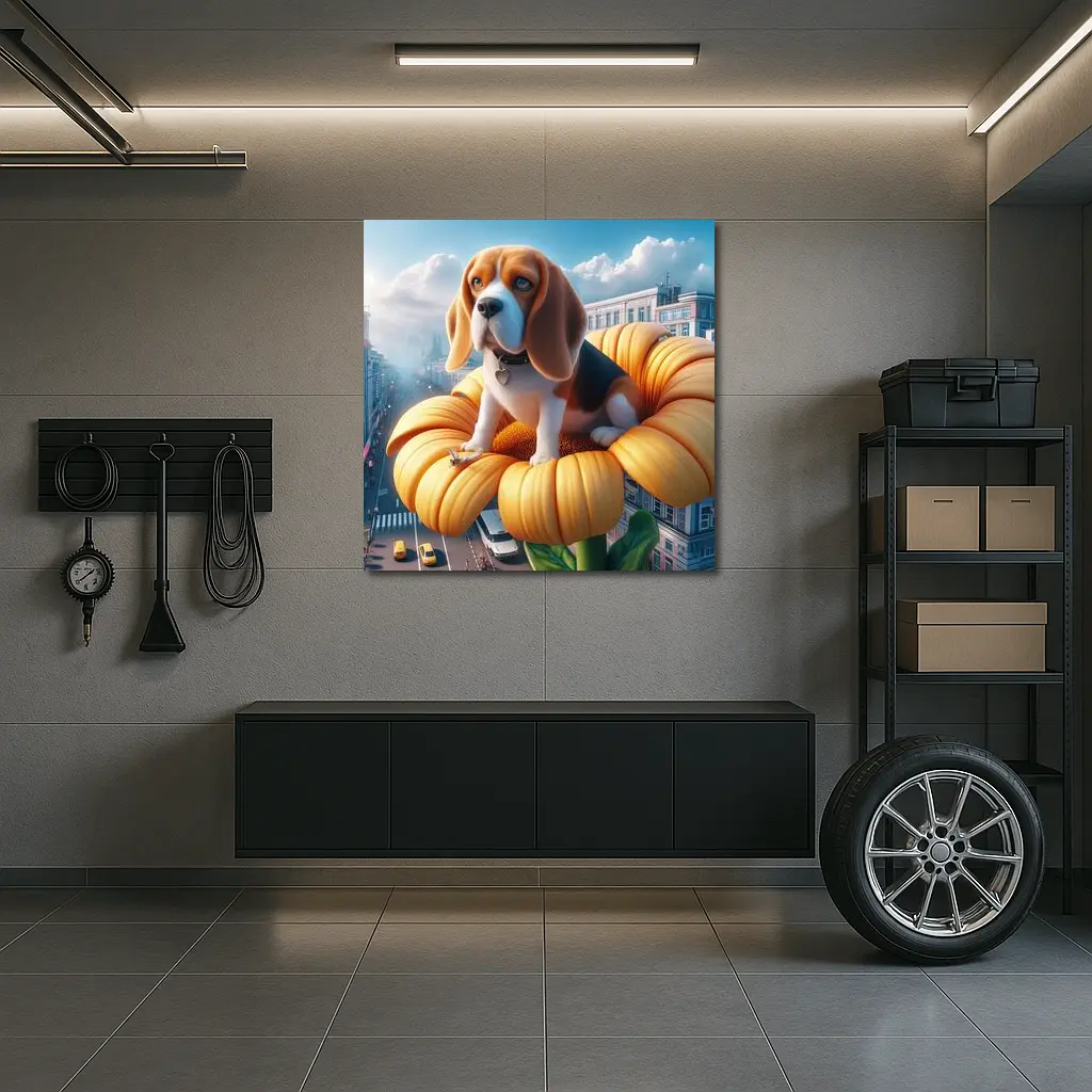 Beagle Puppy Sitting on Giant Sunflower City – Wall Art