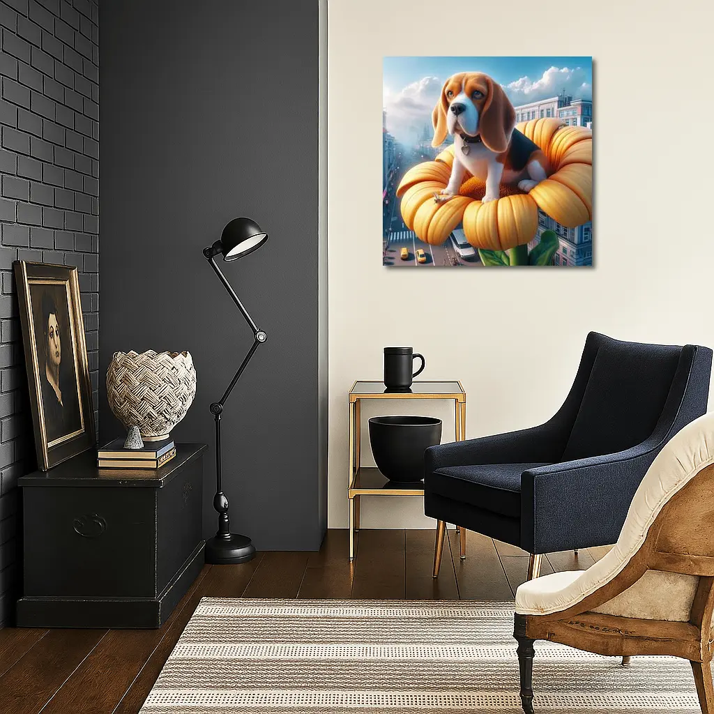 Beagle Puppy Sitting on Giant Sunflower City – Wall Art
