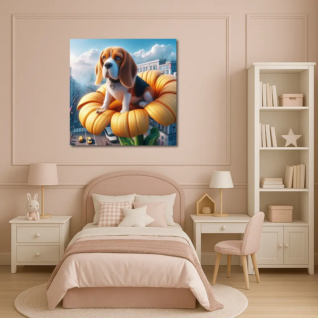 Beagle Puppy Sitting on Giant Sunflower City – Wall Art