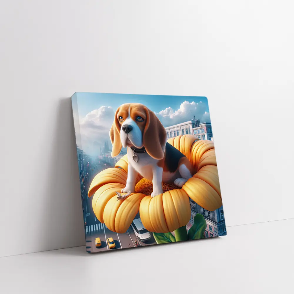 Beagle Puppy Sitting on Giant Sunflower City – Wall Art