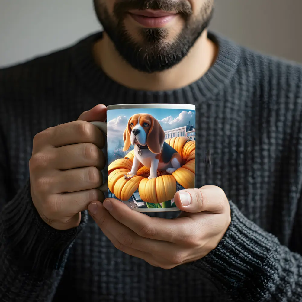 Beagle Puppy Sitting on Giant Sunflower City – Mugs