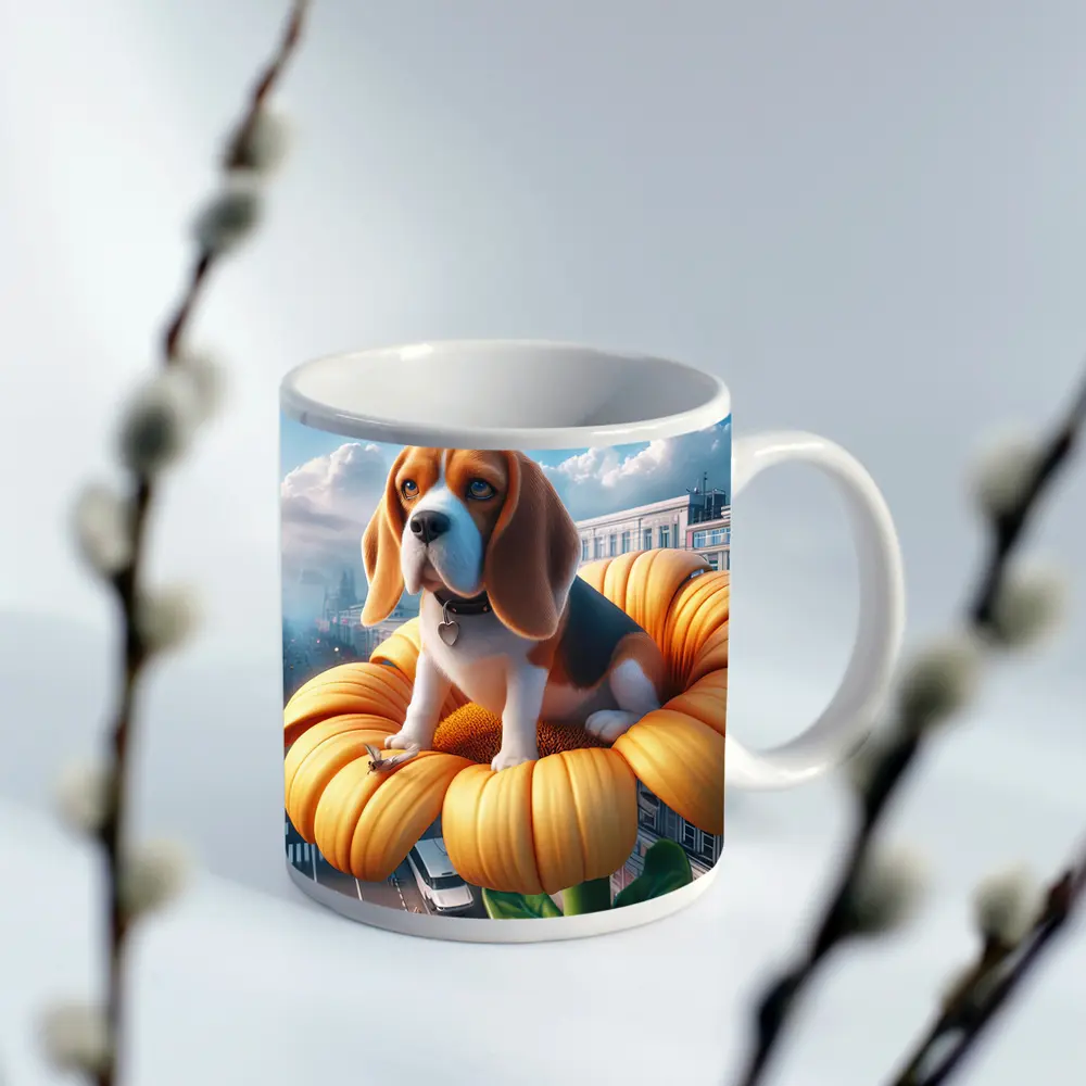Beagle Puppy Sitting on Giant Sunflower City – Mugs