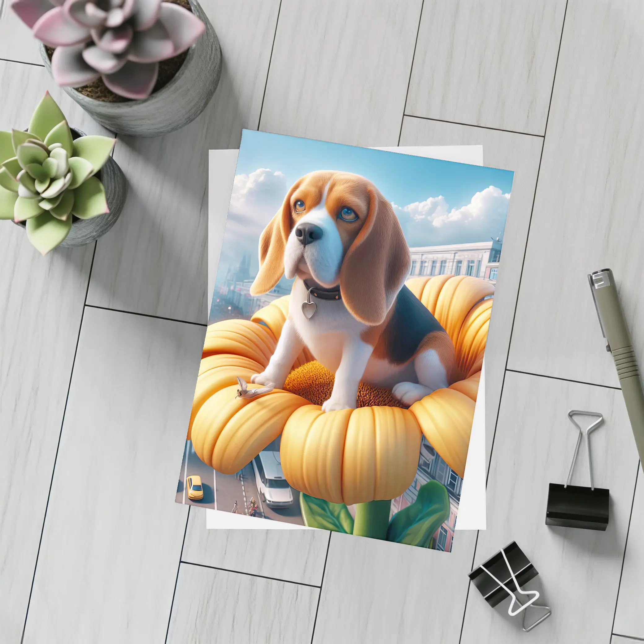 Beagle Puppy Sitting on Giant Sunflower City – Postcards