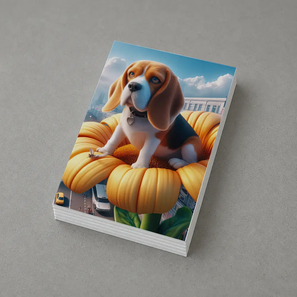 Beagle Puppy Sitting on Giant Sunflower City – Postcards