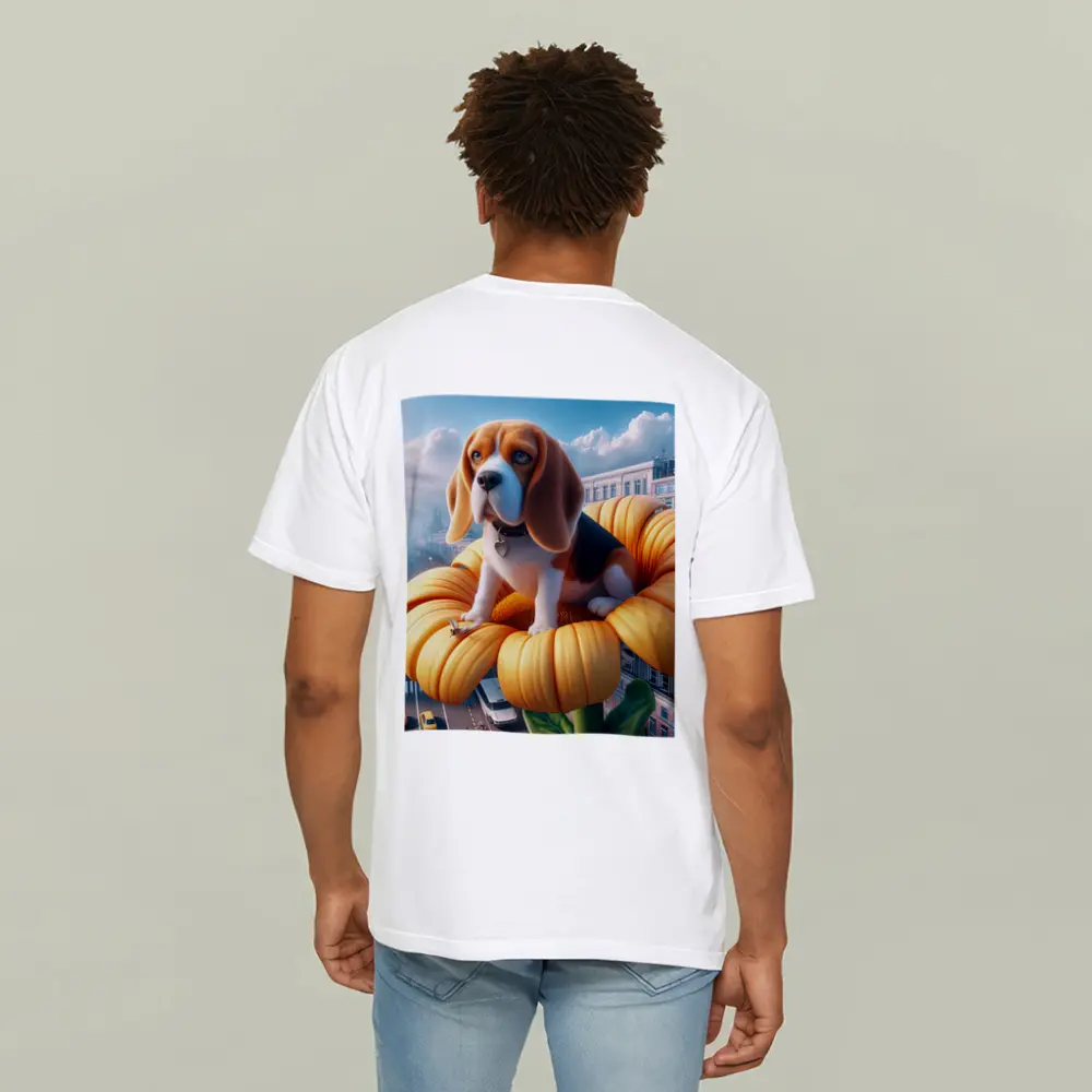 Beagle Puppy Sitting on Giant Sunflower City – T-Shirts
