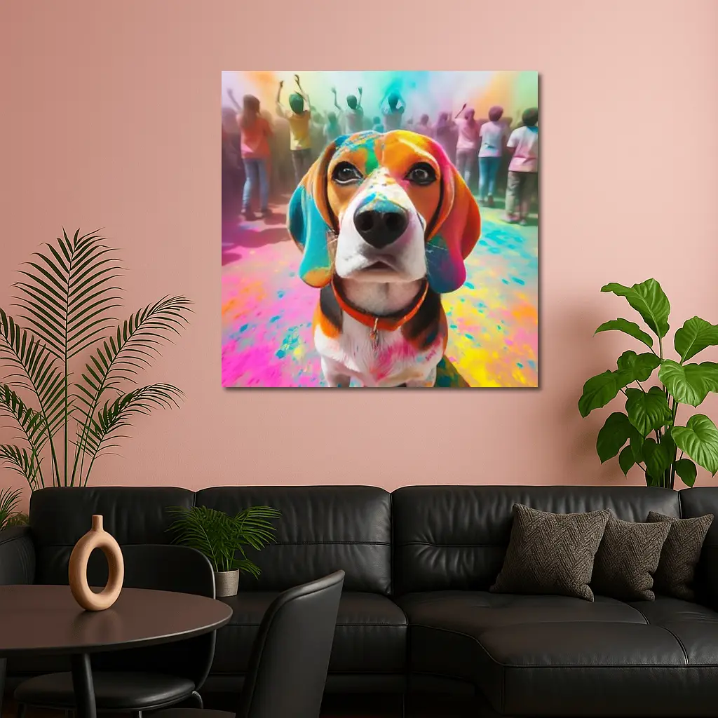 Beagle Dog Covered in Colorful Holi Powder – Wall Art