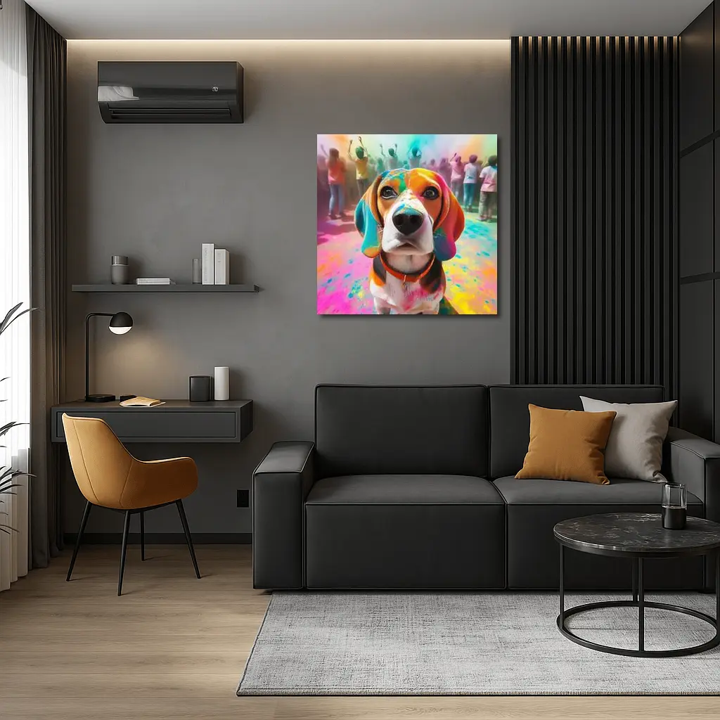 Beagle Dog Covered in Colorful Holi Powder – Wall Art