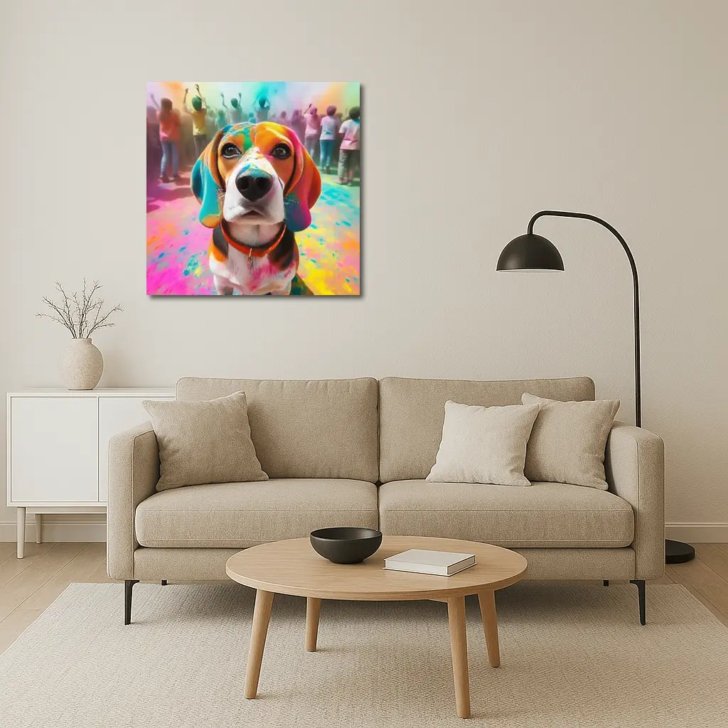 Beagle Dog Covered in Colorful Holi Powder – Wall Art