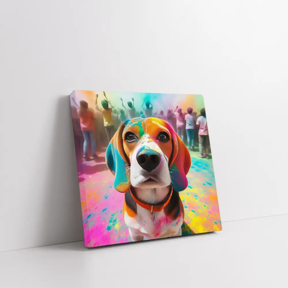 Beagle Dog Covered in Colorful Holi Powder – Wall Art