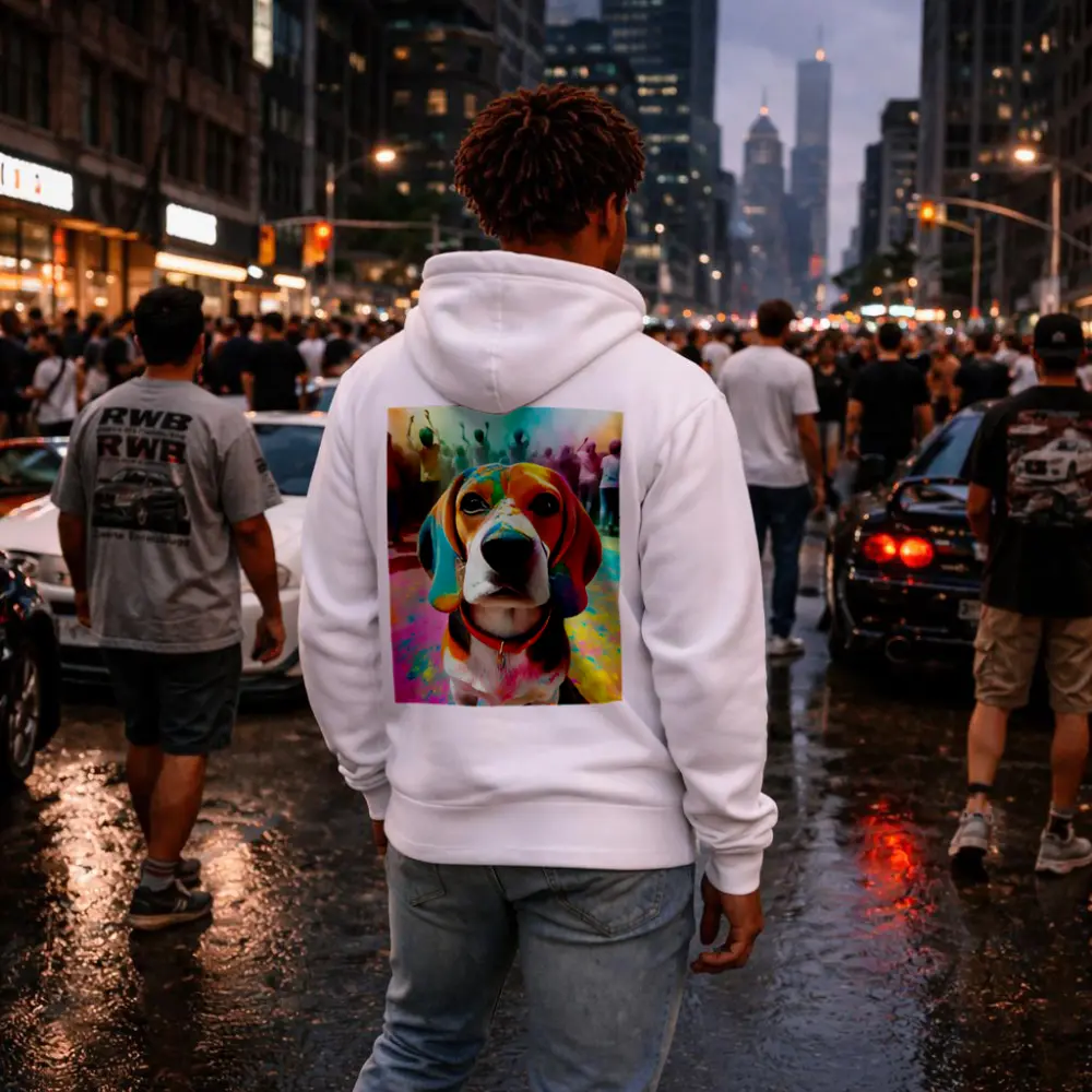 Beagle Dog Covered in Colorful Holi Powder – Hoodies