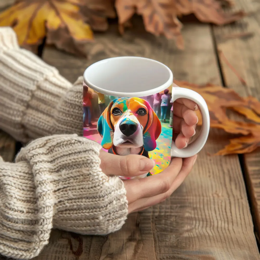 Beagle Dog Covered in Colorful Holi Powder – Mugs