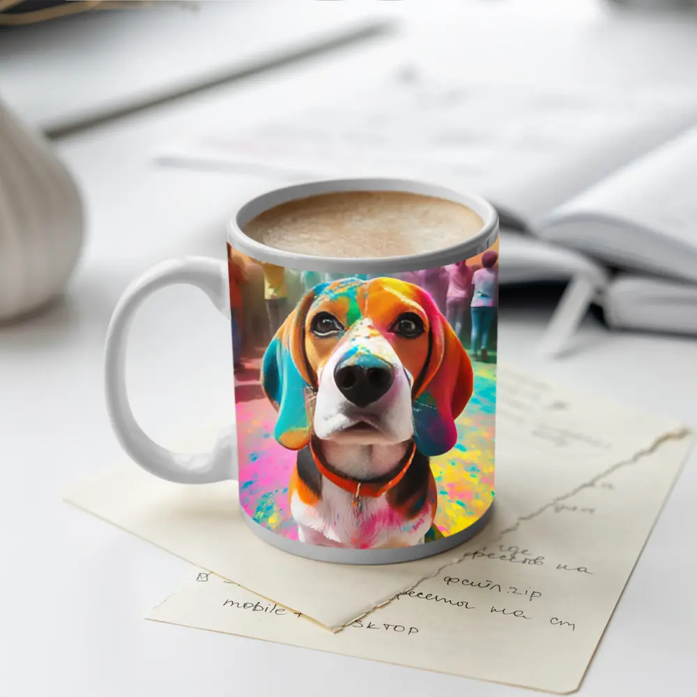 Beagle Dog Covered in Colorful Holi Powder – Mugs
