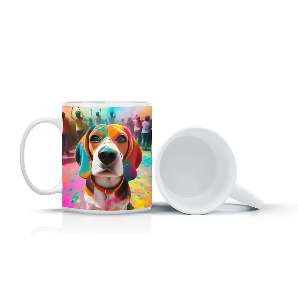 Beagle Dog Covered in Colorful Holi Powder – Mugs