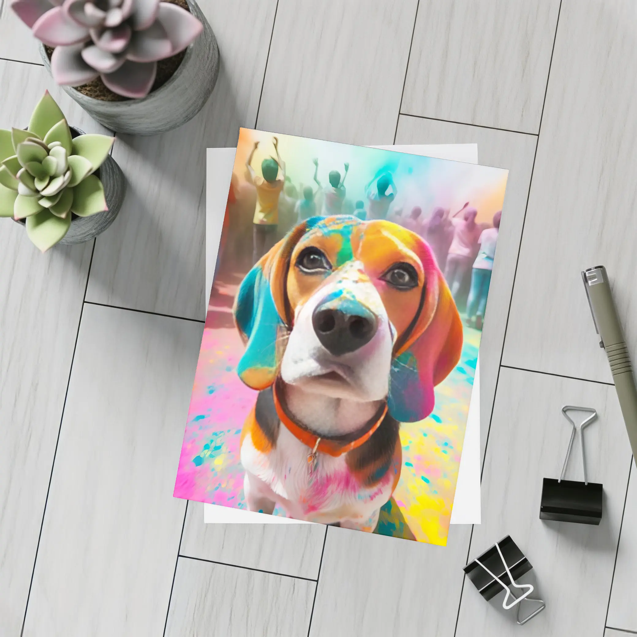 Beagle Dog Covered in Colorful Holi Powder – Postcards