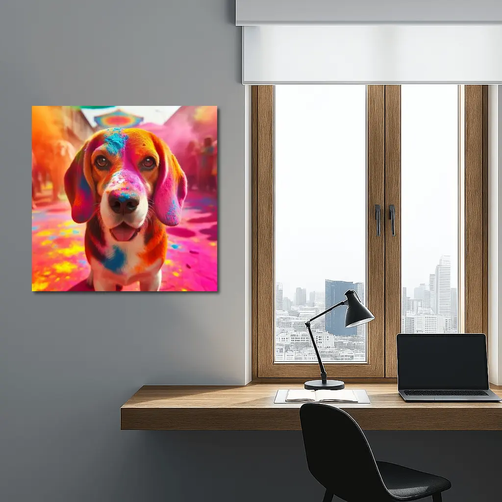 Beagle Dog Covered in Colorful Holi Powder – Wall Art