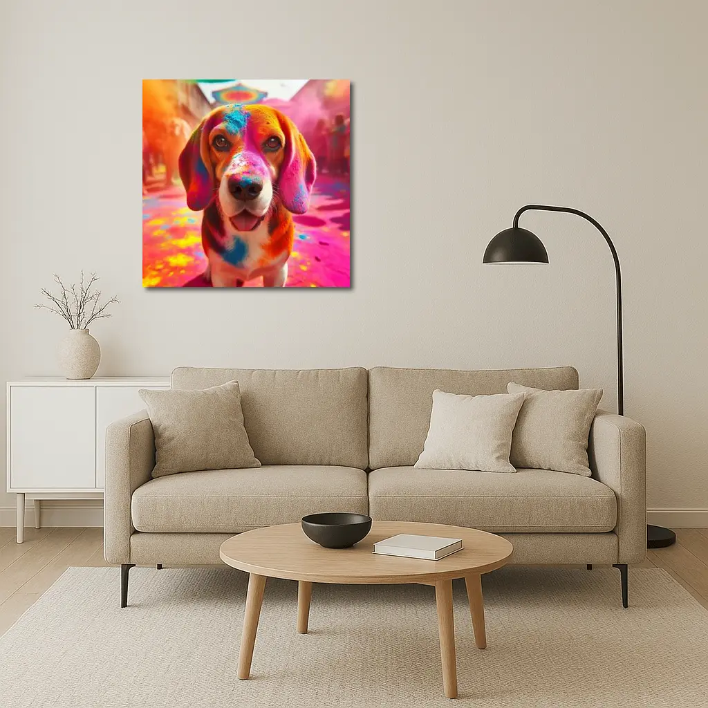 Beagle Dog Covered in Colorful Holi Powder – Wall Art