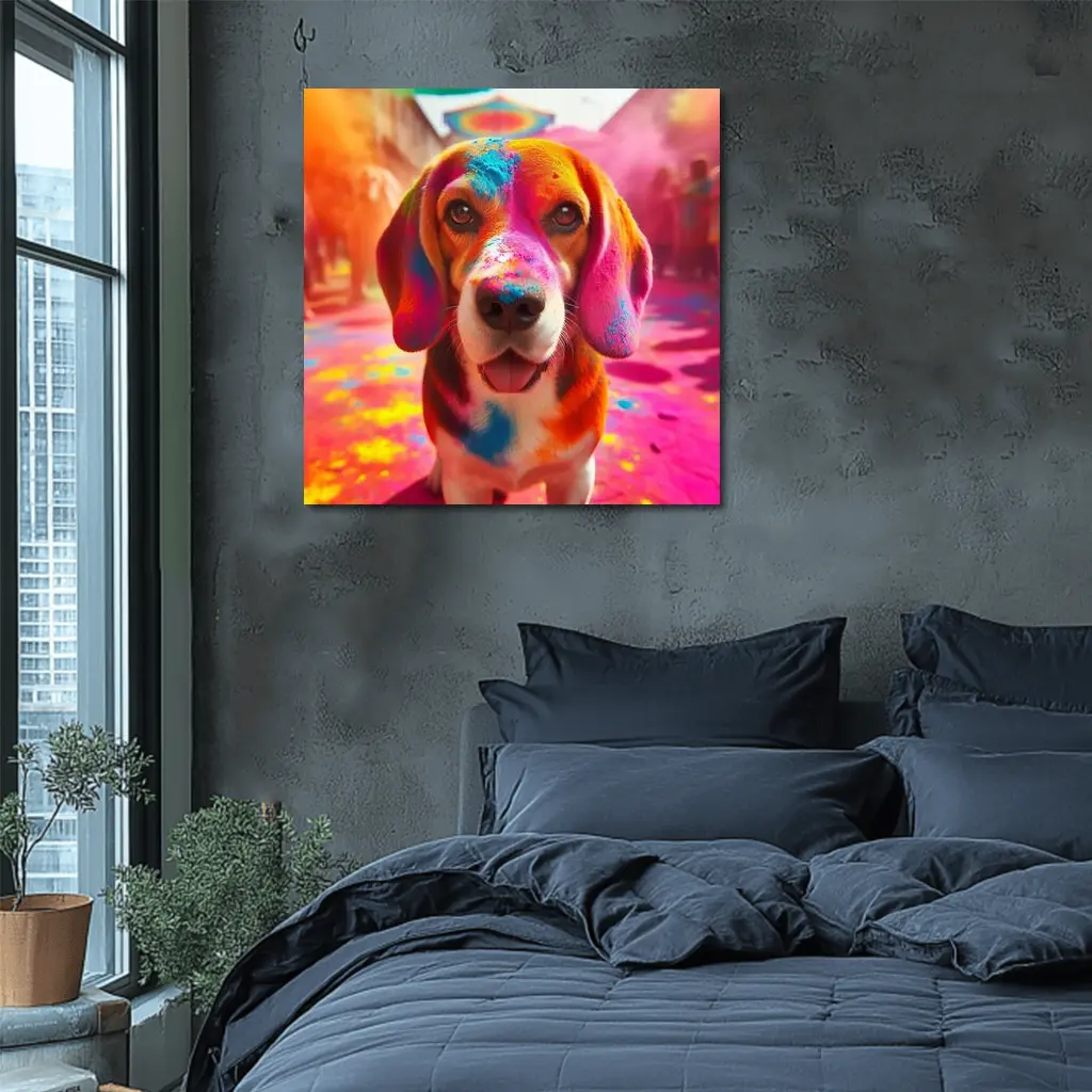 Beagle Dog Covered in Colorful Holi Powder – Wall Art