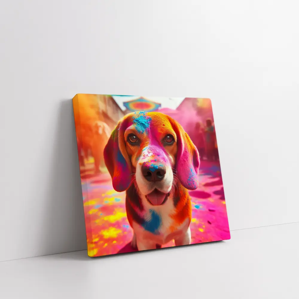 Beagle Dog Covered in Colorful Holi Powder – Wall Art