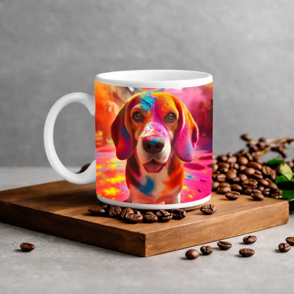 Beagle Dog Covered in Colorful Holi Powder – Mugs