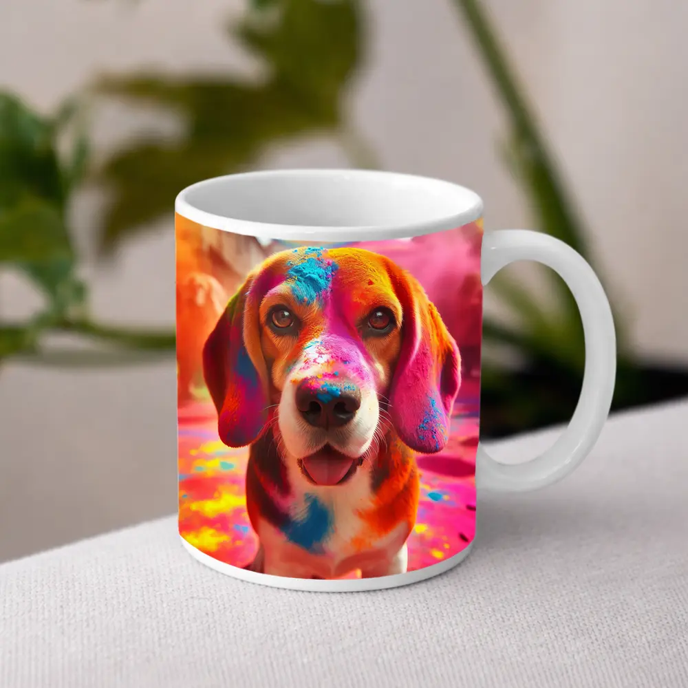 Beagle Dog Covered in Colorful Holi Powder – Mugs