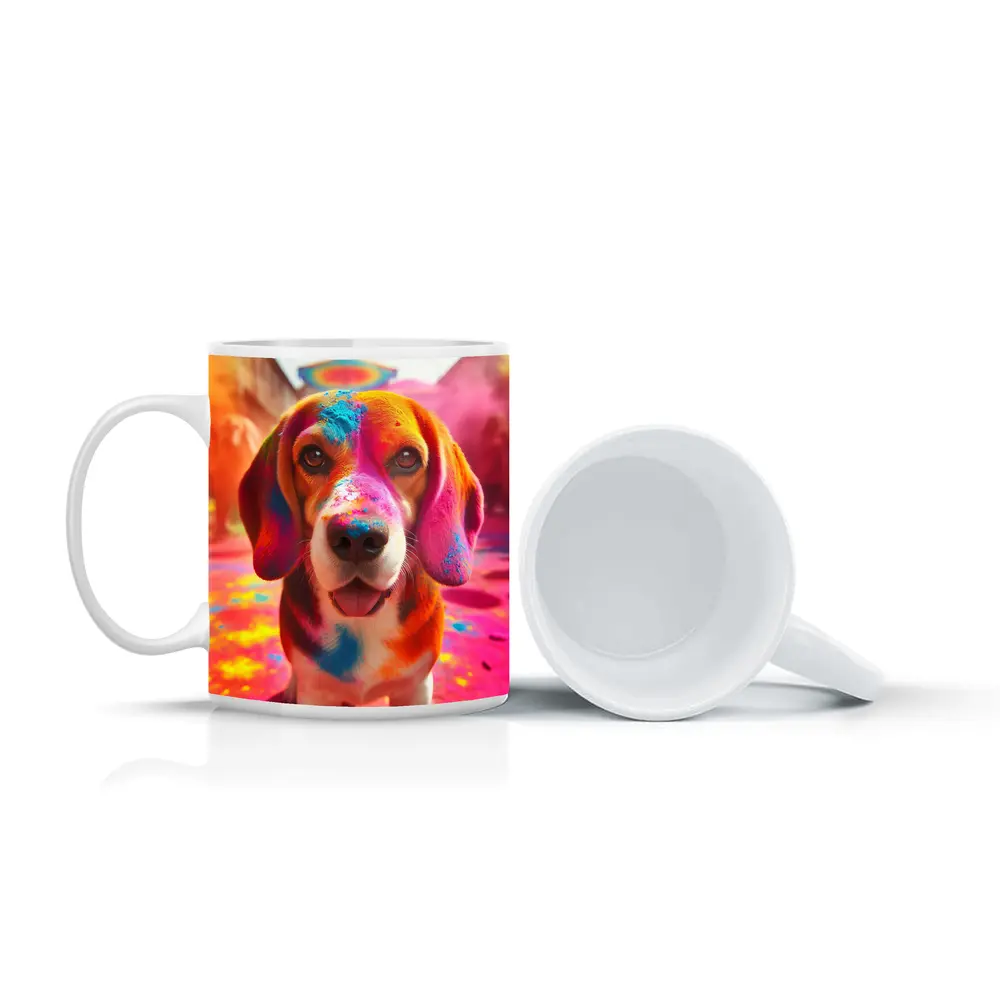 Beagle Dog Covered in Colorful Holi Powder – Mugs