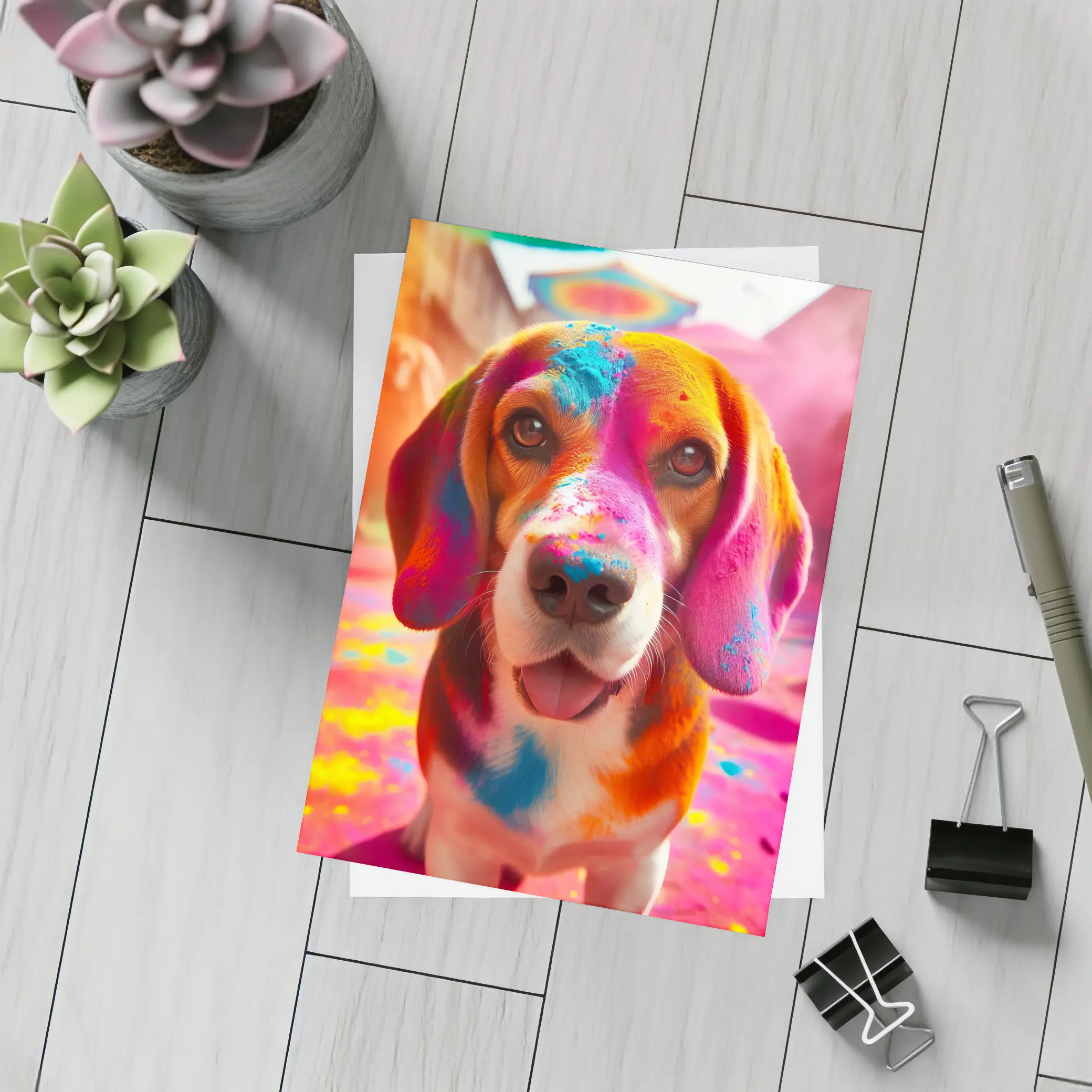 Beagle Dog Covered in Colorful Holi Powder – Postcards