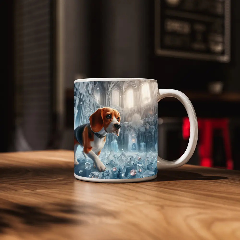 Beagle Puppy Exploring Frozen Ice Castle – Mugs