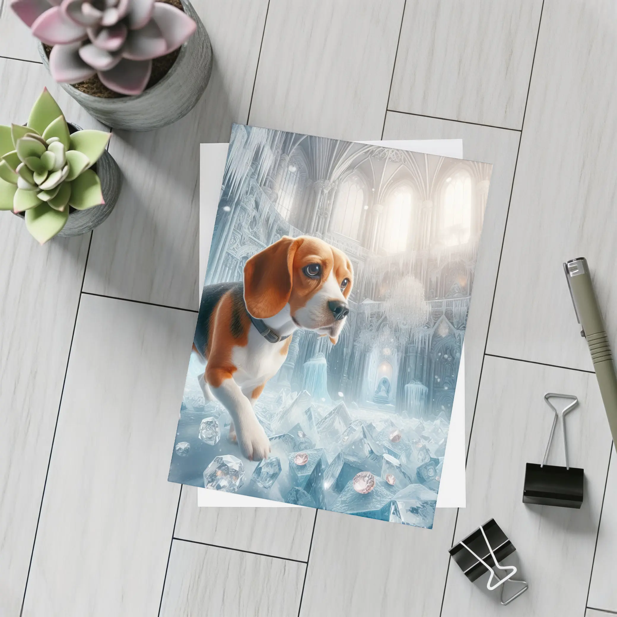 Beagle Puppy Exploring Frozen Ice Castle – Postcards